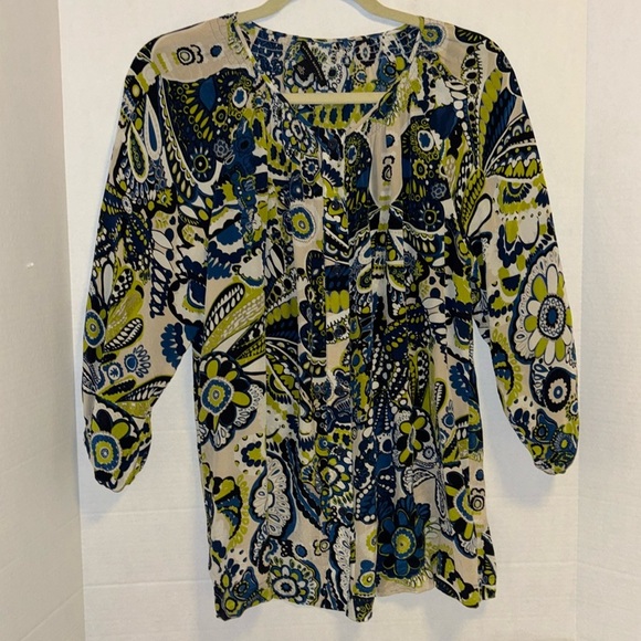 BANANA REPUBLIC SILK BLOUSE BLUE CHARTREUSE GREEN FLORAL DESIGN OVERSIZED MED - Picture 1 of 10
